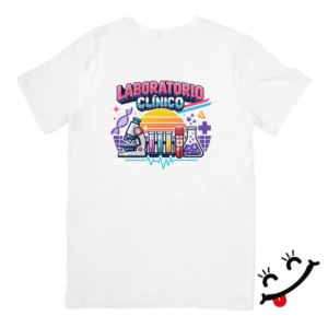 Camiseta laboratorio clínico retro 80s con diseño científico neon, microscopio y tubos de ensayo estilo vintage